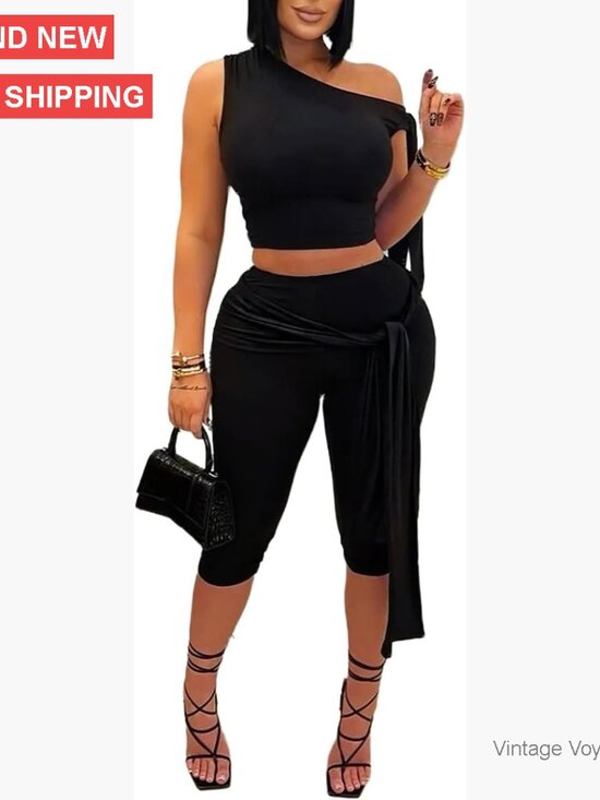 Sleeveless One Shoulder Crop Top with High Waist Capri Pants Set Polyester